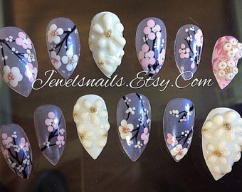 Handpaint Cherry blossoms || 3D Sculpted acrylic ||  Spring nails ||  Stilleto nails || Press on nails || False nails || Gel nails