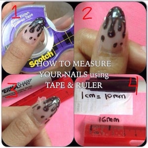 May include: A step-by-step guide on how to measure your nails using tape and a ruler. The image shows a finger with a nail wrapped in tape, a ruler, and the text "HOW TO MEASURE YOUR NAILS using TAPE & RULER 1cm=10mm 16mm".