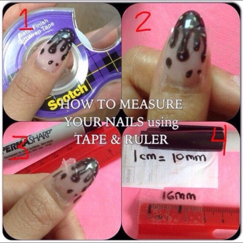 May include: A step-by-step guide on how to measure your nails using tape and a ruler. The image shows a finger with a nail wrapped in tape, a ruler, and the text "HOW TO MEASURE YOUR NAILS using TAPE & RULER 1cm=10mm 16mm".
