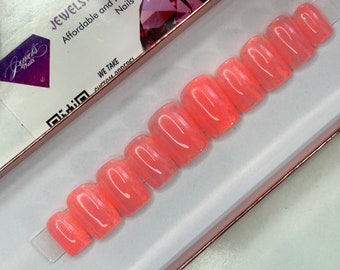 Melon Glittered Opaque Pink Jelly Nails | Gel overlay | Reusable | Thick Press on nails  | Jewels nails