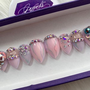 Jeweled Bubble Gum || Gel overlay/Hard gel nails  and gel color || press on nails || Jewels Nails