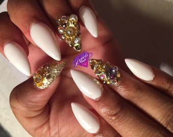 White and Gold Charmed |  All Hard Gel Nails | Jewels Nails