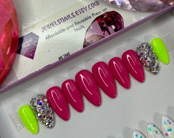Pink & Neon Yellow Nails | Swarovski | press ons | press on nails | Jewels Nails | Gel nails