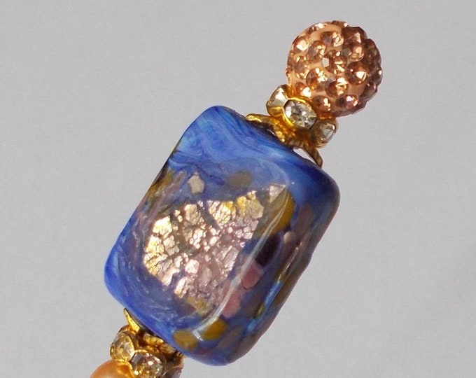 Hatpin - Vintage Blue Foiled Glass and Peach Rhinestone Bead 7.25 inch Handmade 1.2mm Diameter Steel Hatpin / Hat Pin