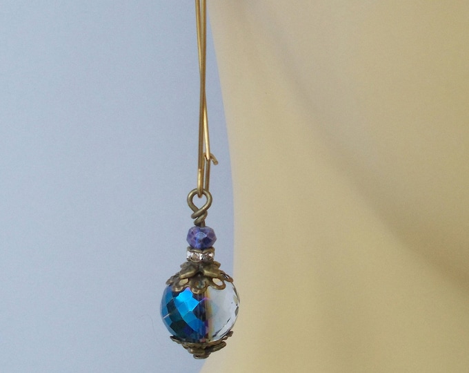 Earrings - Half Blue Half Clear Sparkly Crystal Glass and Long Brass Finding Earrings - Gift for Her