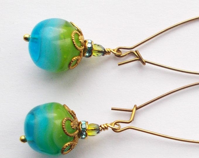 Earrings - Handmade Vintage Green/Blue Glass Stones and Long Brass Finding Earrings