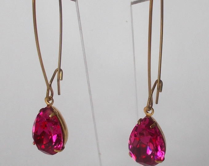 Earrings - Vintage Fuchsia Pink Rhinestone Glass Earrings with Long Brass Ear Hooks - Gift for Her