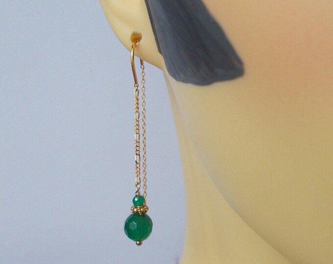 Earrings - Green Onyx / Gold Plated 925 Silver Handmade Artisan Threader Earrings - Gift for Her