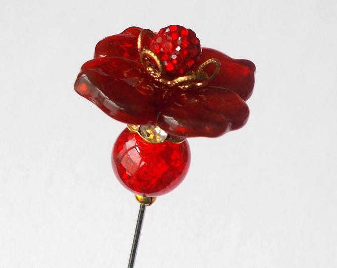 Hatpin - Bright Red Glass Flower / Bead & Gold Coloured Finding 6 inch Handmade Hatpin / 1mm Steel Hat Pin - Gift for Her
