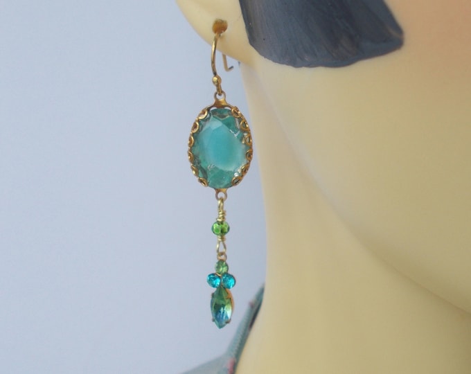 Earrings - Vintage Aqua Givre Rhinestone and Gold Vermeil Ear Hooks / Earrings- Gift for Her