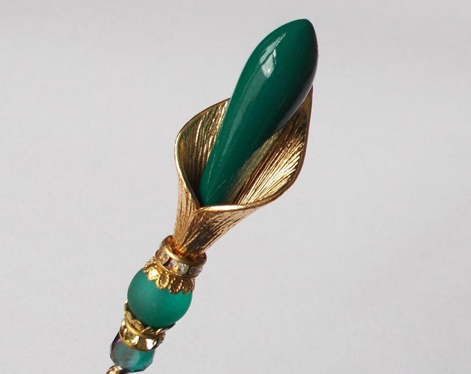 Hatpin - Green Vintage Painted Lucite - Green Glass Bead & Gold Tone Hat Pin - 6.5 inches - 1.2mm Diameter Steel Pin
