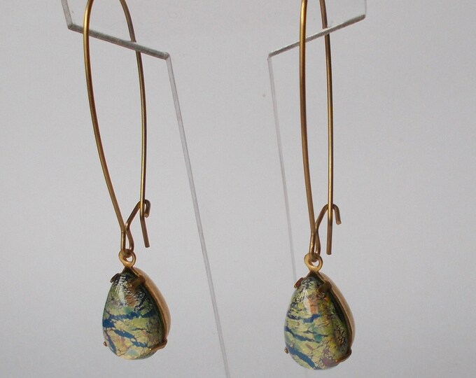 Earrings - Vintage Gold/Green Foil Glass Stone and Brass Finding Earrings - Gift for Her
