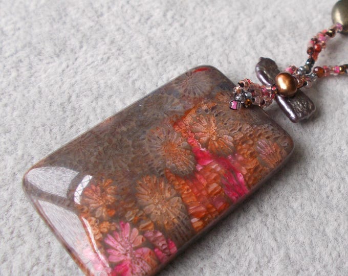 Necklace - Stunning Fossilized Coral /Biwa Pearl/Coral/Orange Garnet with Gold Plated 925 Sterling Silver 16.5 Inch Necklace - Lobster Clasp