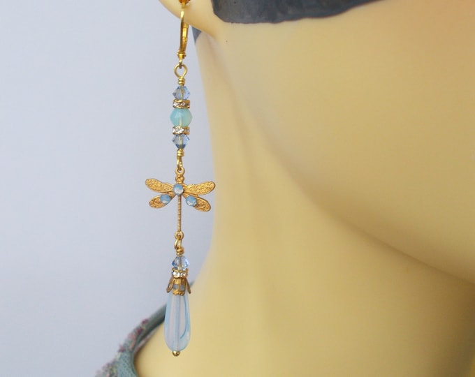Earrings - Art Deco/Art Nouveau Inspired Pale Blue Glass Mix Handmade Gold Coloured Lever hook Longer Length Dragonfly Earrings-Gift for Her