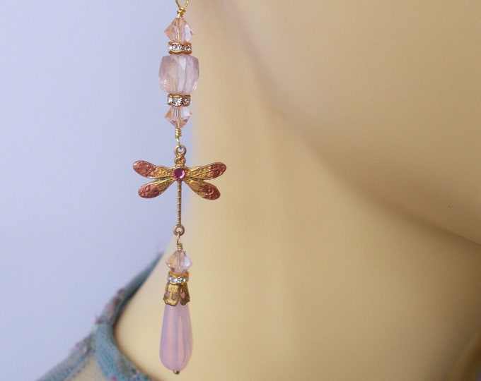 Earrings - Art Deco/Art Nouveau Inspired Pink Opal Glass and Rose Quartz Gemstone Handmade Gold Coloured Leverhook Earrings - Gift for Her