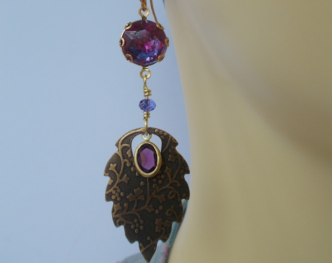Earrings - Art Deco/Art Nouveau Inspired Purple Glass Mix Handmade Brass Leaf Longer Length Earrings - Gift for Her