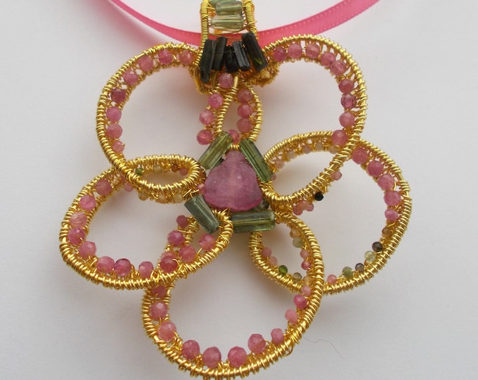 Pendant - Tourmaline Handmade Artisan Wire Wrapped Large Flower Pendant - Gift for Her