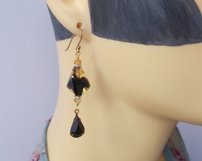 Earrings - Large Vintage Glass Beads and Black Rhinestone Earrings with Gold Vermeil Ear Hooks - Gift for Her