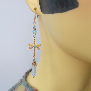 Art Deco Dragonfly Earrings: Pale Blue Glass, Gold Lever Back