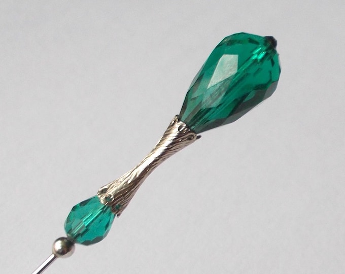 Hatpin - Pretty Faceted Green Glass Bead & Vintage Finding 5.25 inch Handmade 1mm Diameter Steel Hatpin / Hat Pins