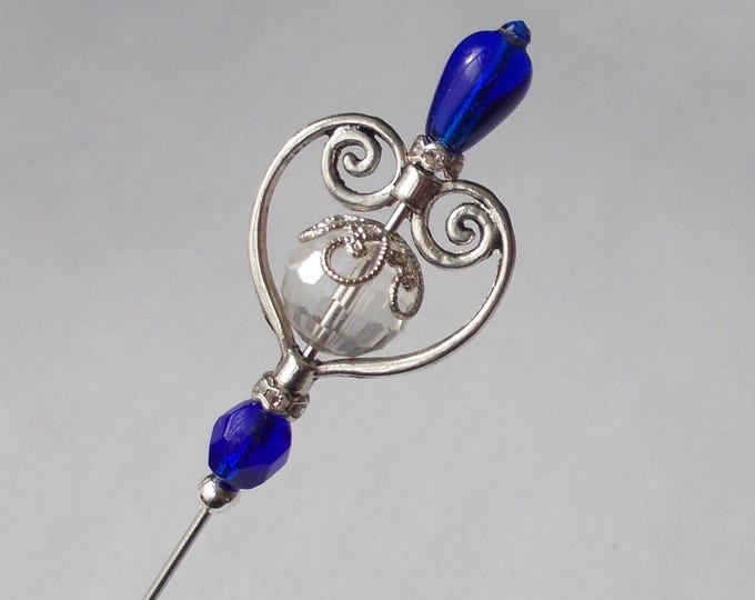 Hatpin - Silver Colour Heart /Cobalt Blue Glass Bead Mix 6 inch Handmade 1mm Diameter Steel Hatpin / Hat Pin / Hat Pins