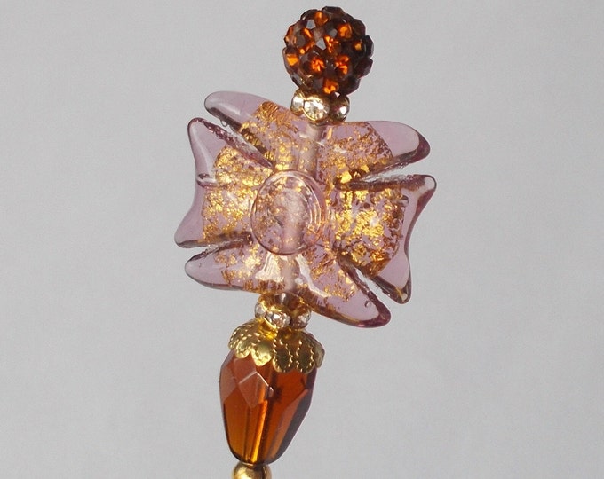 Hatpin - Lovely Brown and Lilac Mix / Gold Coloured Finding 6 inch Handmade 1mm Diameter Steel Hatpin / Hat Pin