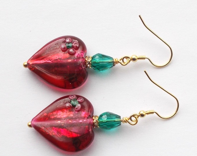 Earrings - Vintage Handmade Red Foil Red Glass Heart Bead Drop Earrings