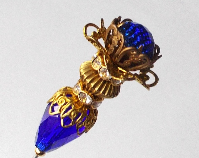 Hatpin - Cobalt Blue Glass Bead & Vintage Gold Colour Findings 6.25 inch Handmade Hatpin / 1.2mm Diameter Steel Hat Pin - Gift for Her