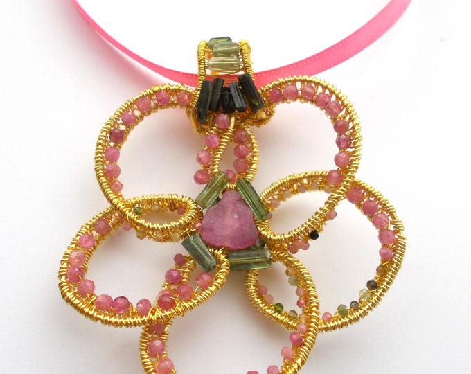 Handmade Wire Wrapped Tourmaline Flower Pendant: Gold Plated Copper