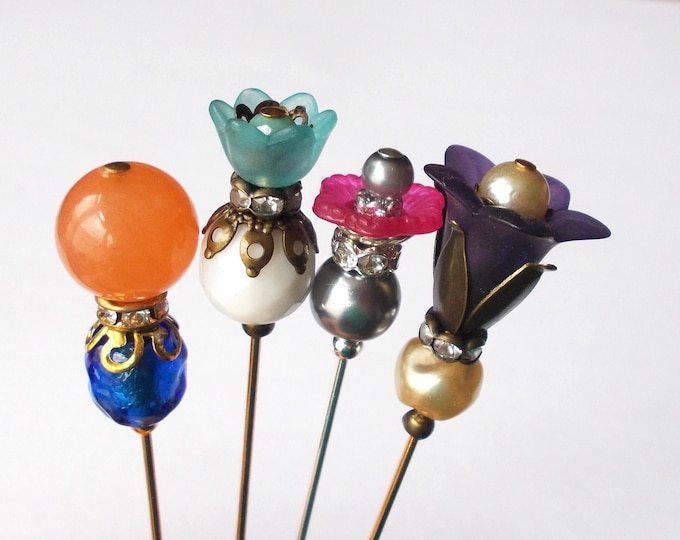 4 x Pretty Faux Pearl / Glass / Lucite Bead 3 inch Handmade Hijab / Lapel Pin / Dividers for Lace Makers / Veil Pin / Hat Pin / Hatpin