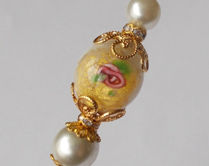 Hatpin - Handmade White Faux Pearl and Vintage Glass Bead Gold Coloured Finding 6.25 inch Steel 1mm Diameter Hatpin / Hat Pin