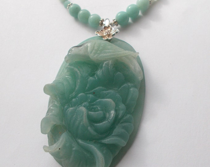 Necklace - Stunning Carved Floral Amazonite Gemstone Pendant and Bead 925 Sterling Silver 16 Inch Necklace - Gift for Her