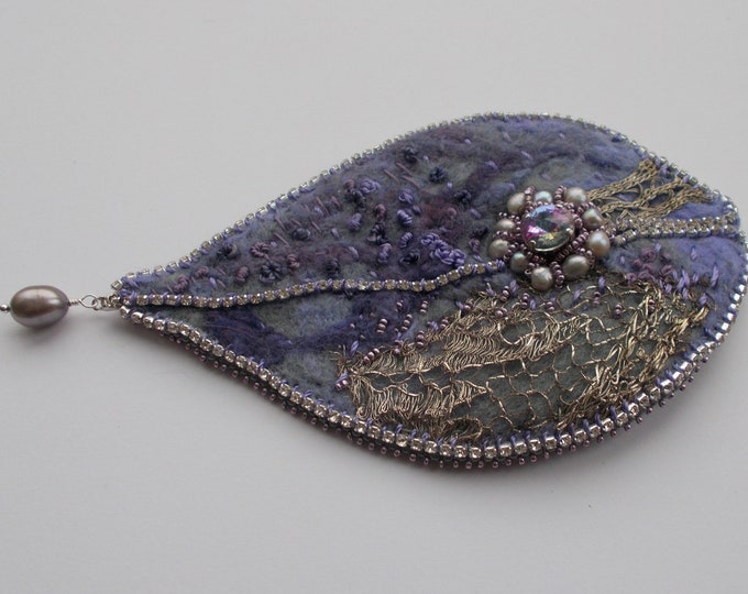 Brooch - Regency /Tudor Inspired Lilac /Purple /Grey Felted Textile Large Leaf Brooch with Grey Pearls / Embroidery /Beadwork /Rhinestones