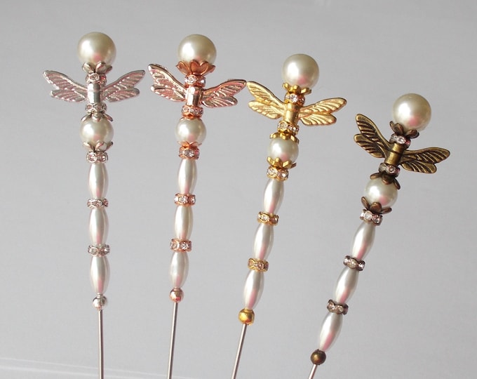 Hatpin - White Faux Pearl Dragonfly and Choice of Coloured Finding Handmade 7.25 inch Hatpin/1mm Diameter Steel Hat Pin/Hatpins Gift for Her
