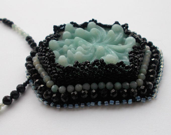 Art Deco Amazonite Flower Pendant Necklace: Black Spinel Beadwork