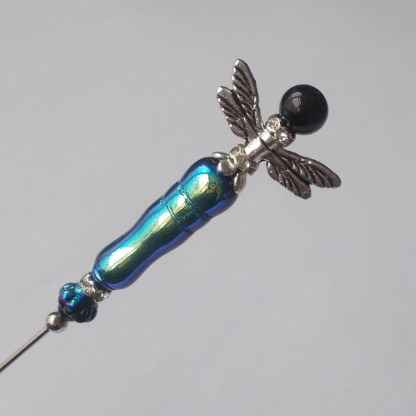 Belle noir / bleu / vert verre mix Libellule 6,25 pouces fait à la main Vinatge / Style antique 1mm Acier Hatpin / Hat Pin