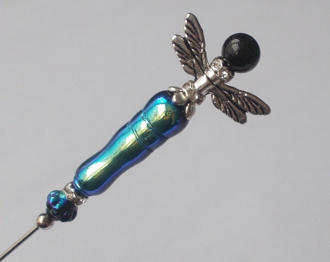 Hatpin - Lovely Black / Blue / Green Glass Mix Dragonfly 6.25 inch Handmade Vintage / Antique Style 1mm Steel Hatpin / Hat Pin