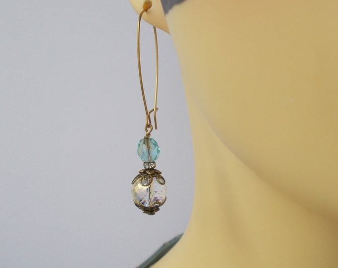 Earrings - Pale Yellow Sparkly Crystal and Blue Glass Long Brass Finding Earrings - Gift for Her