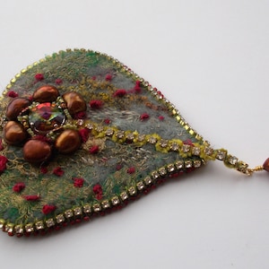 Brooch - Regency/Tudor Inspired Green /Red /Grey Felted Textile Large Leaf Brooch with Baroque Bronze Pearls/Embroidery/Beadwork/Rhinestones