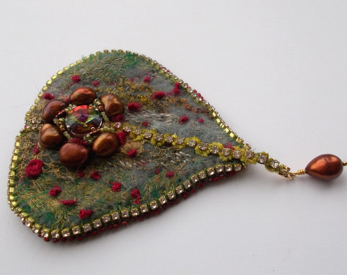 Brooch - Regency/Tudor Inspired Green /Red /Grey Felted Textile Large Leaf Brooch with Baroque Bronze Pearls/Embroidery/Beadwork/Rhinestones