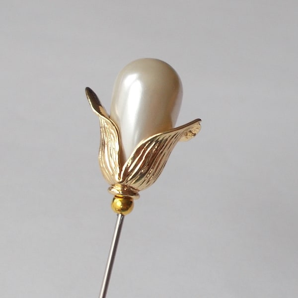 Snowdrop Inspired Classic White faux pearl & gold coloured findings approx 5.5 inch Handmade 1mm Steel Hatpin / Hat Pin
