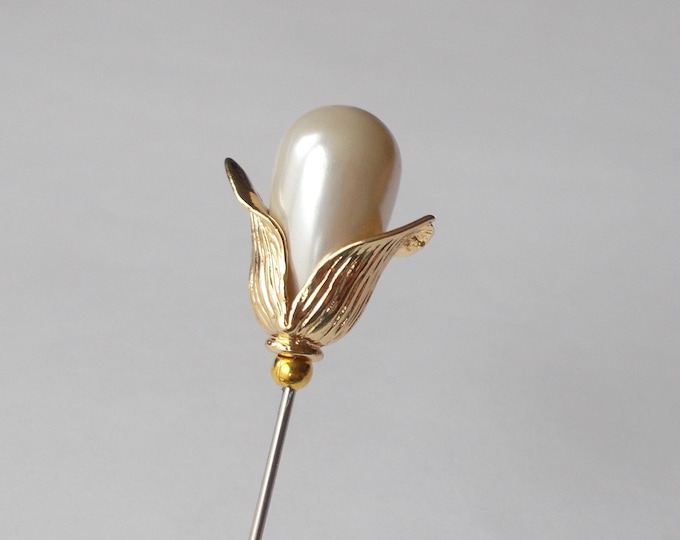 Hatpin - Snowdrop Inspired Classic White faux pearl & gold coloured findings approx 5.5 inch Handmade 1mm Steel Hatpin / Hat Pin
