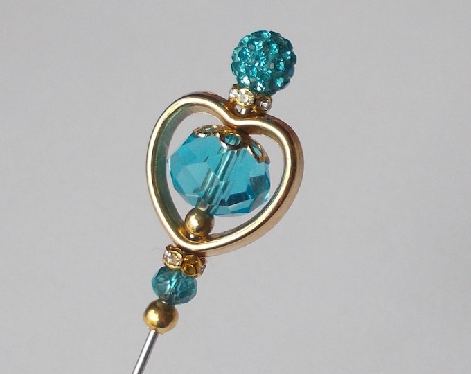 Hatpin - Gold Colour Heart / Blue Mix Glass Bead Mix 5.25 inch Handmade 1mm Steel Hatpin / Hat Pin / Hat Pins