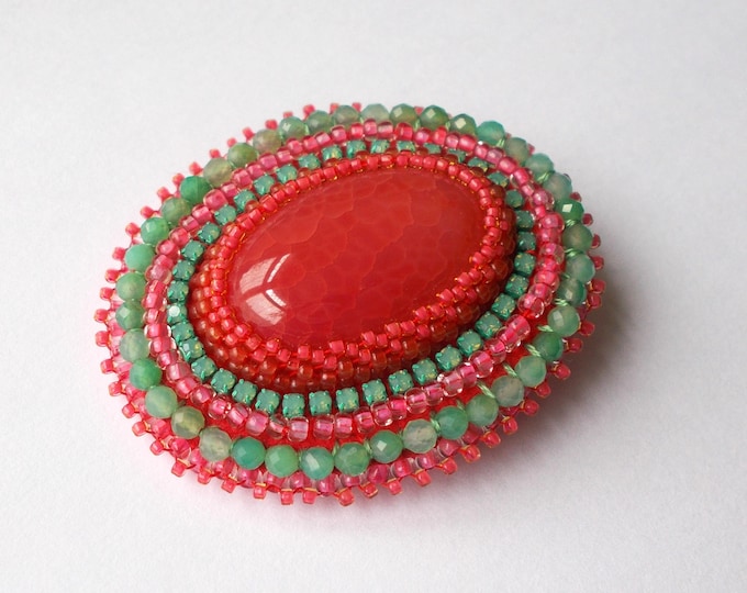Brooch - Orange Dragonscale Agate Cabochon Handmade Brooch with Small Faceted Chrysophrase beads and Glass Seed Beads / Rhinestones