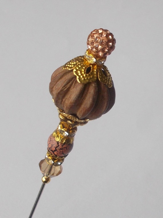 Vintage Style Hatpin: Handmade Wooden Bead & Rhinestone Accent