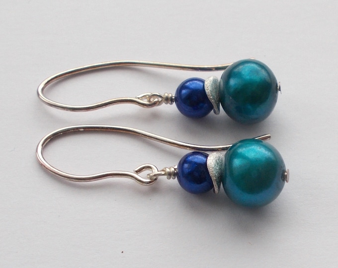 Earrings - Handmade Blue Dyed Freshwater Cultured Pearl and 925 Sterling Silver Longer Length Earrings - Gift for Her