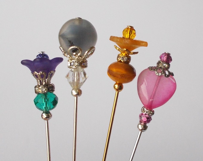 4 x Pretty Faux Pearl / Glass / Lucite Bead 3 inch Handmade Hijab / Lapel Pin / Dividers for Lace Makers / Veil Pin / Hat Pin / Hatpin