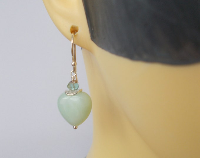Earrings - Green Jade Heart and Faceted Flourite 925 Silver Handmade Artisan Earrings - Gift for Her