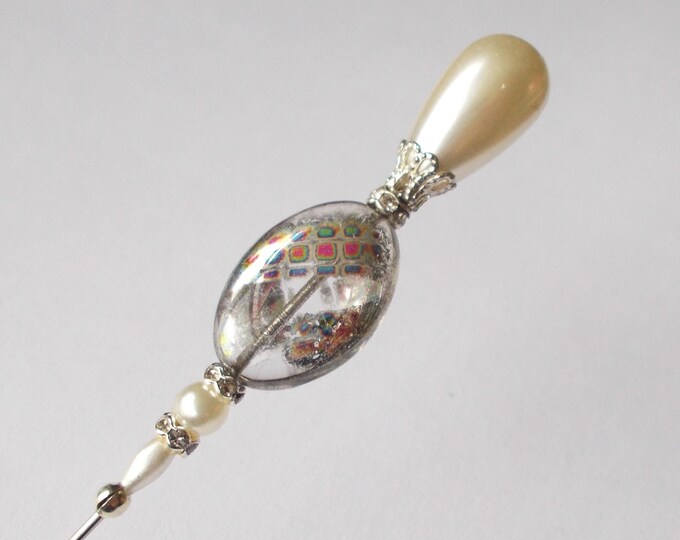 Hatpin - Handmade White Faux Pearl and Glass Bead Silver Coloured Finding 6.25 inch Steel 1mm Diameter Hatpin / Hat Pin
