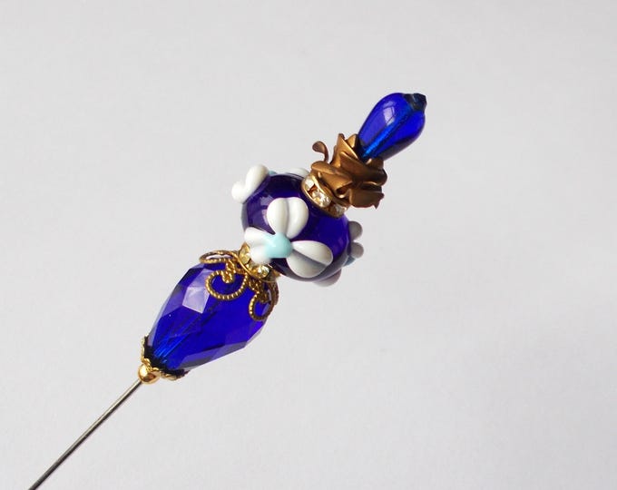 Hatpin - Cobalt Blue and White Mix Glass Bead / Gold Coloured Finding 6.25 inch Handmade Hatpin / 1mm Diameter Steel Hat Pin - Gift for Her